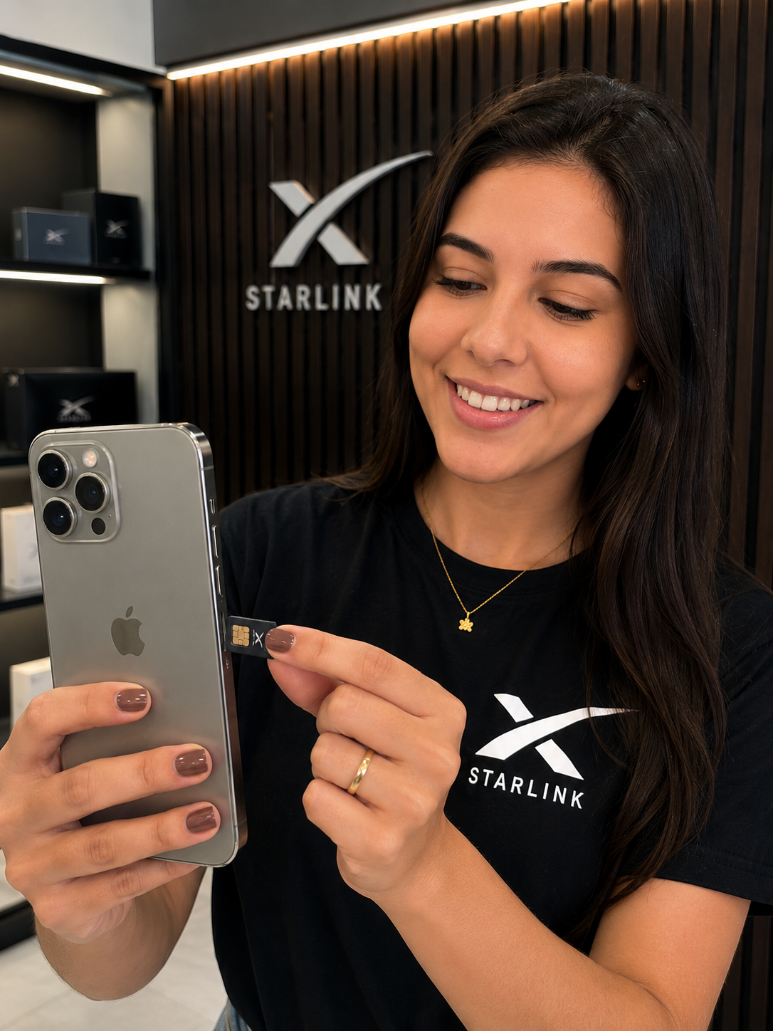 Mulher segurando celular com Starlink